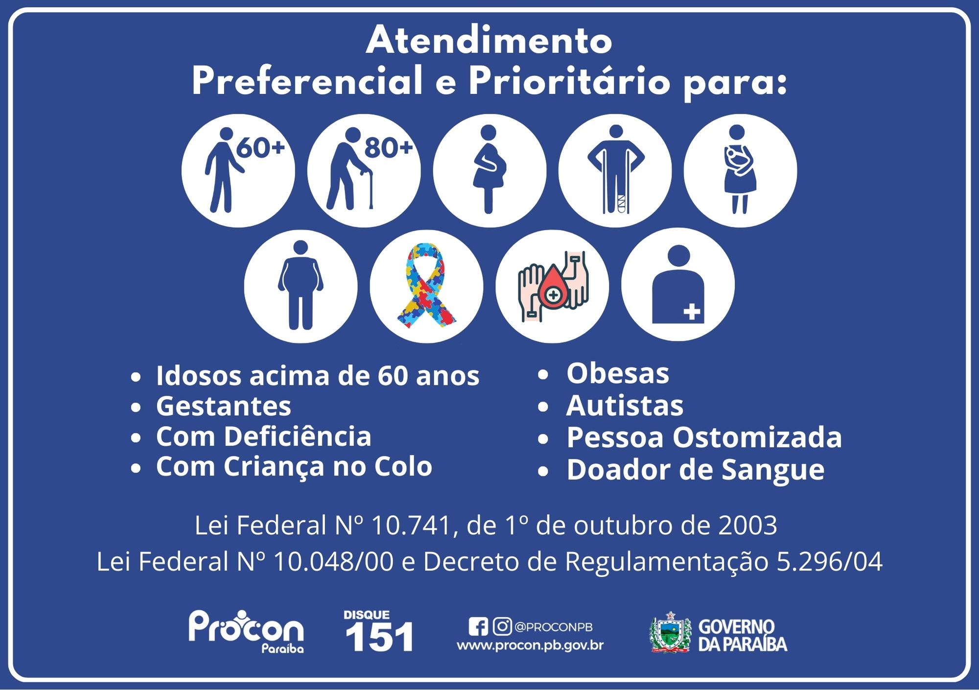 Placa de Atendimento Preferencial na Paraíba - Sinalização oficial com símbolos e texto indicando atendimento prioritário para idosos, gestantes, pessoas com deficiência, pessoas com crianças de colo e pessoas com mobilidade reduzida